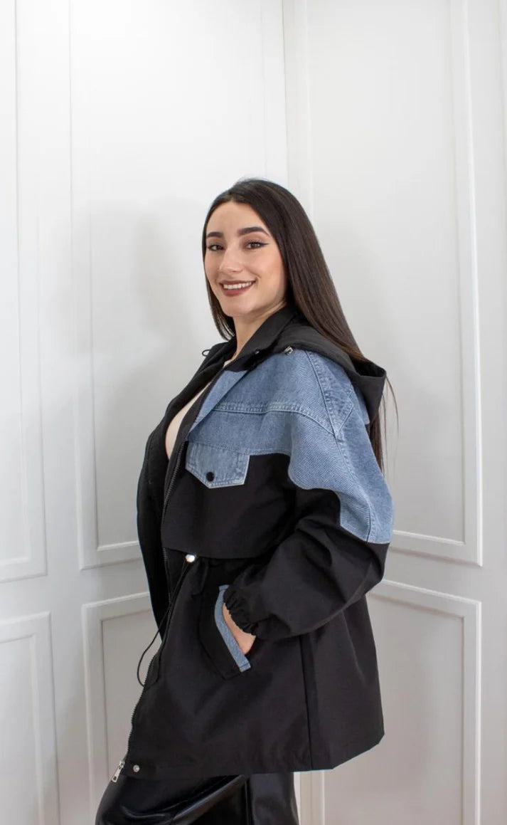 CHAQUETA TIPO PARKA EFECTO DOBLE PRENDA EN JEAN Y DRILL