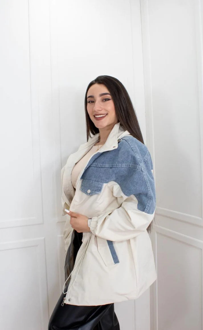 CHAQUETA TIPO PARKA EFECTO DOBLE PRENDA EN JEAN Y DRILL